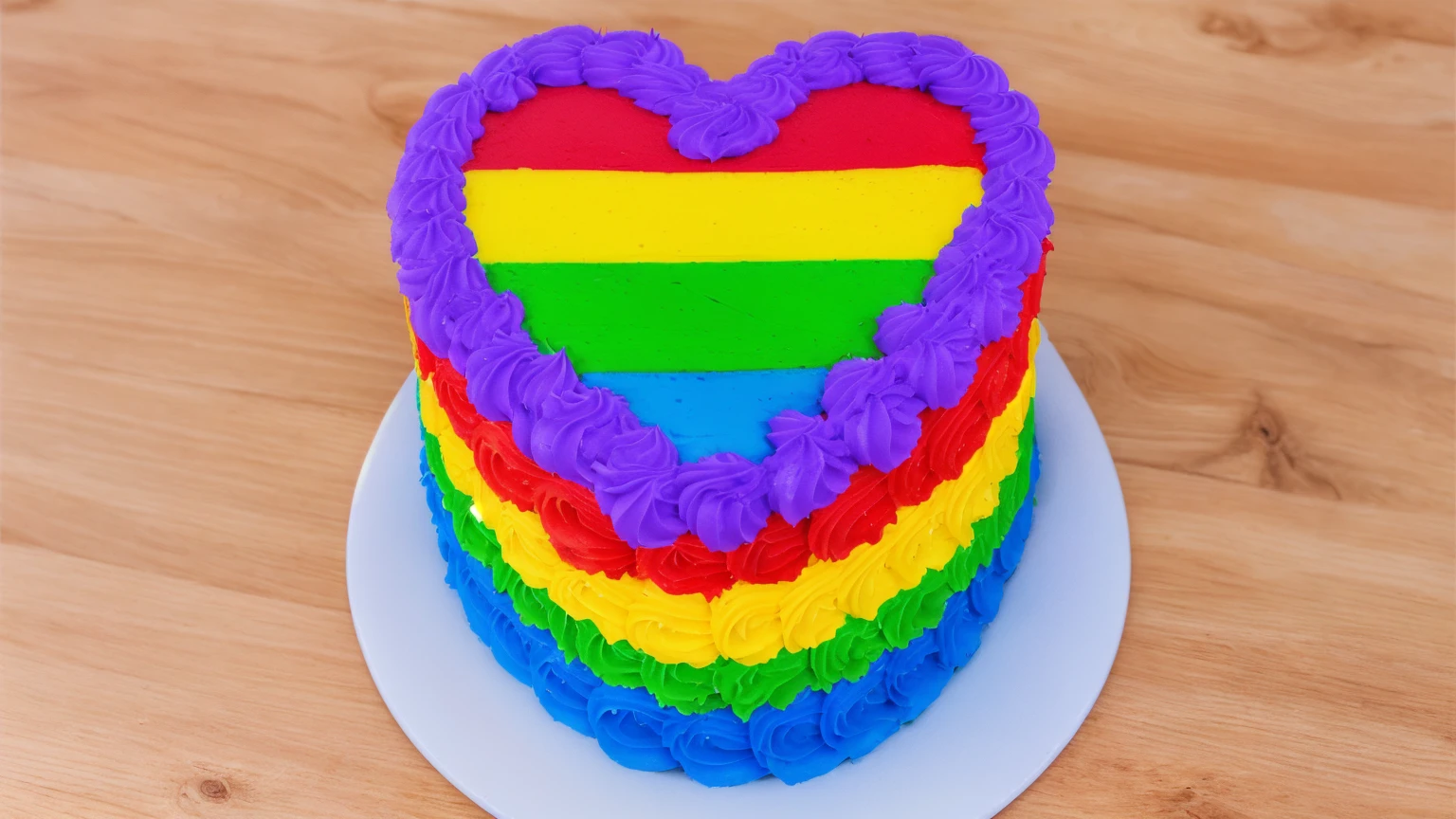 on a wooden table, there is a white plate with a heart cake , rainbow cream heart cake ( star shaped) , multi-colored heart on top, decorated with purple cream, cream with highlights, view from above, Beautiful light from the window, beautiful lighting, bright announcement, Multiple light sources, Realistic style, realistic textures, high quality, high detail, detailed textures, ultra 4k hd, macro photography