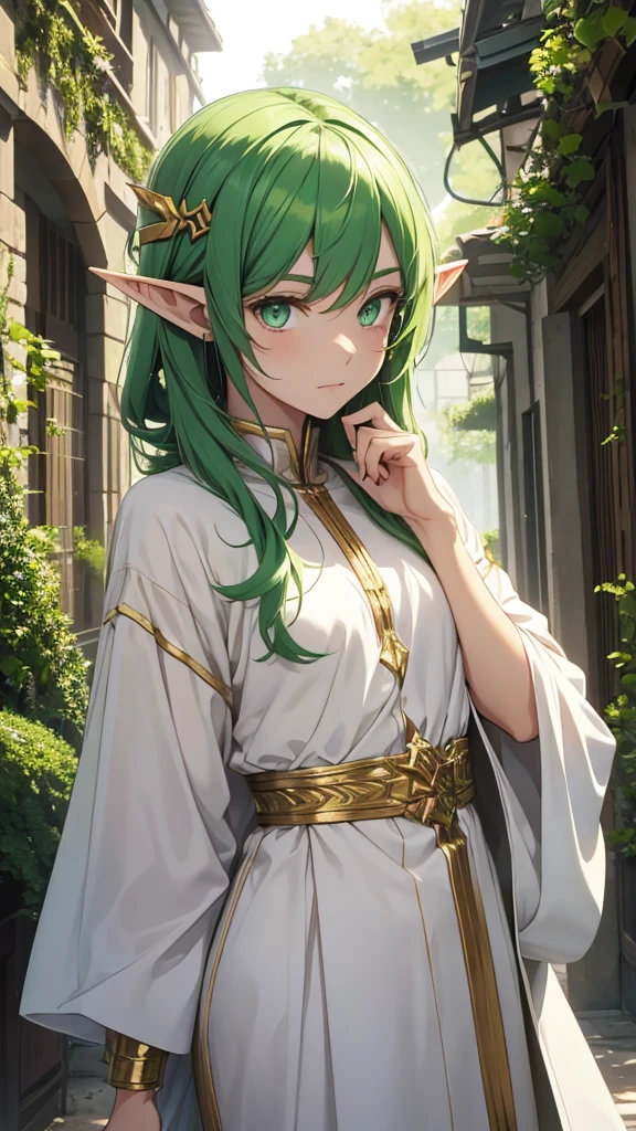 a male elf, green hair, golden eyes and big ears, wearing white, comfortable clothes 