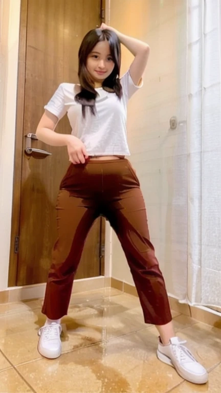 Pissing herself in fear, full body, Indonesian face, pee stain:1.2, urination:1.2 pee pants:1.2, pee skirt:1.2, wet patch