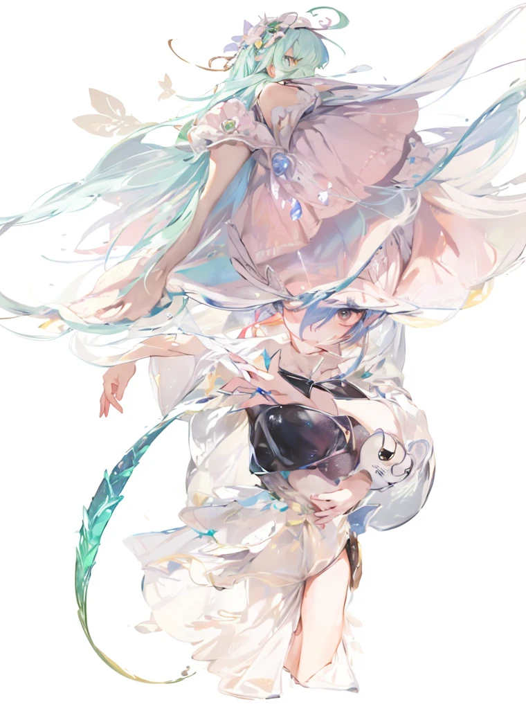 (Cute flower monster:1.5), (Cestrum nocturnum in her head:1.2), big eyes, full black eyes, cleric outfit
