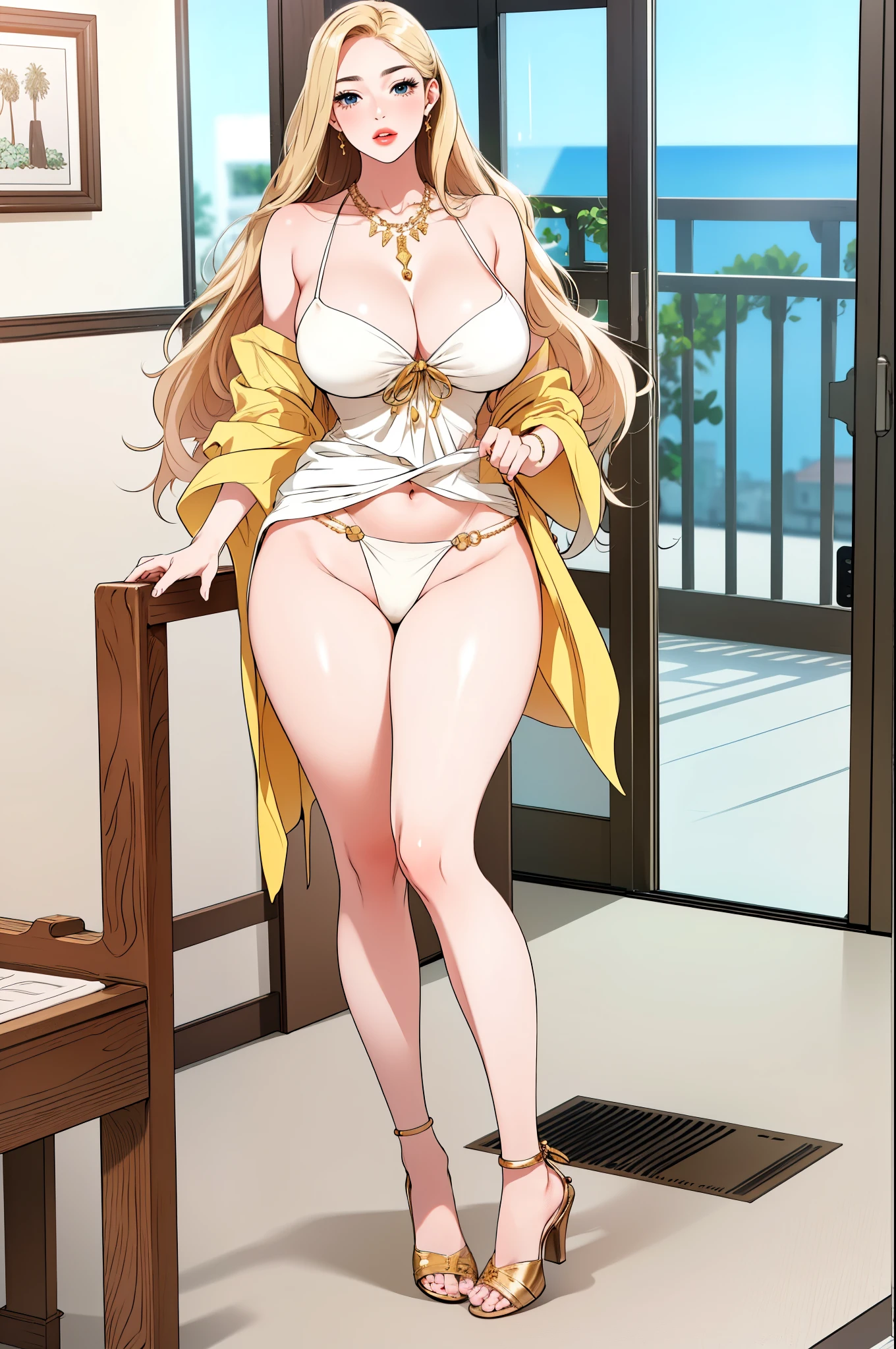 An extremely beautiful stunning voluptuous woman, with gold blonde long silky hair, big blue eyes, extremely super bright snow white fair stunning flawless glowing lush shiny white complexion, flawless skin, a perfect tight hourglass figure, and a skinny waist, sexy thick smooth luscious legs and thighs, wearing a short sexy tight revealing white bikini, yellow heels, gold necklace on the neck, gold anklets on feet, gold chain on the waist, standing straight, extremely cute smile on the face, bright pink blushes on cheeks, beach in the background, show full body from head to feet.