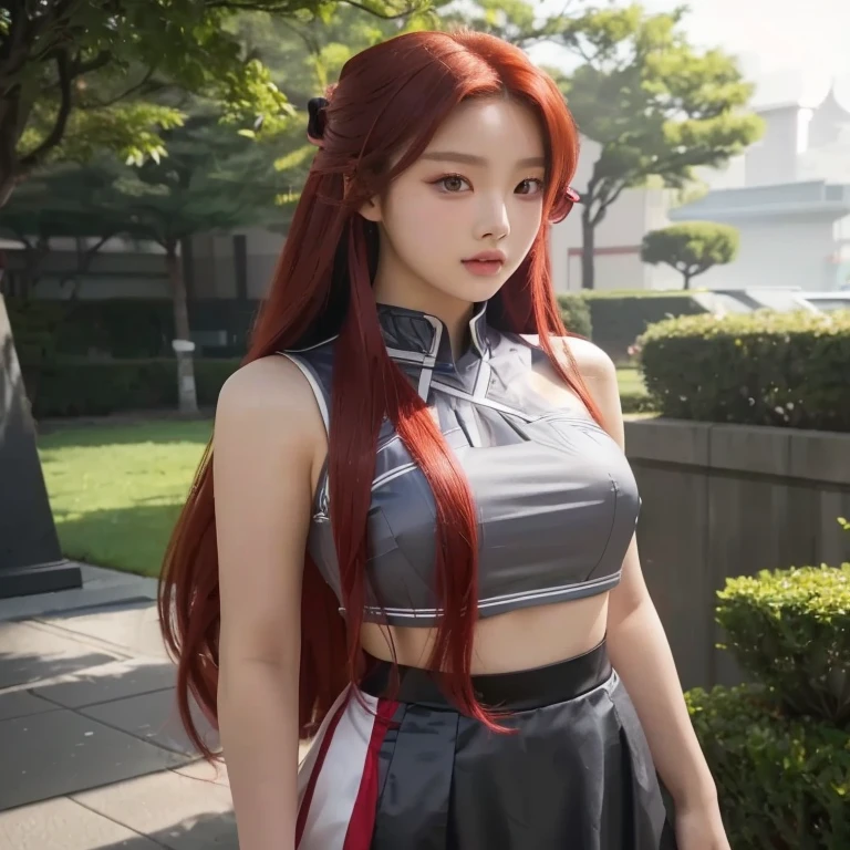 a woman with long red hair and a gray top posing for a picture, anime girl cosplay, anime cosplay, anime girl in real life, asian girl with long hair, japanese goddess, erza scarlet as a real person, anime girl with long hair, anime goddess, asuna yuuki, professional cosplay, attractive anime girl, anime character, red waist-long hair, korean face blackpink jennie, korean girl face, kpop girl