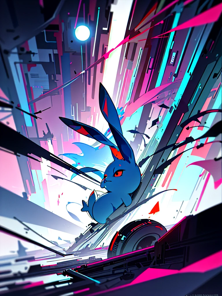 (blame! style abandoned tech landscape), (Zen, Amy Sol style), (underground, dark, foggy, perilous, abandoned dystopian apartment bedroom, deep windows), (naked exposed anthro rabbit girl with nips showing, wearing bunny ears), cover art with light abstraction, abstract, simple vector art, contemporary Cybernetic art, color gradients, soft color palettes, layered forms, whimsical animation, style Ethereal abstract, 4K, --v6