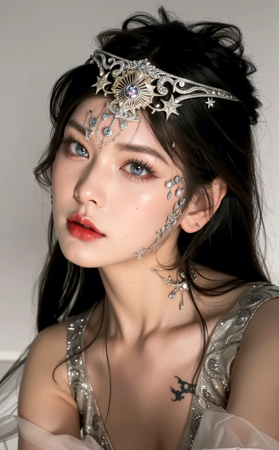 Detailed image quality,Witch Pandora,wing, Succubus Theme,堕落Angel,Excellent,scary,Secret Terror,Tentacles,With eyes,Uncanny Valley Effect,Beast Blood Moon,skeleton,vampire,Hellfire,Dark Queen,Angel,magician magic witch,16岁Angel,Eyes are blue(Pupils as deep as the starry sky),Gorgeous tattoo designs all over the body,Surreal photos(8K picture quality,Rich in details),Dark eyeshadow,Sexy thick lips(Red lipstick),Tattoo designs on body,Dark Queen,Wear luxurious gold jewelry,Silver Crystal Armor,Sparkling diamond gemstone