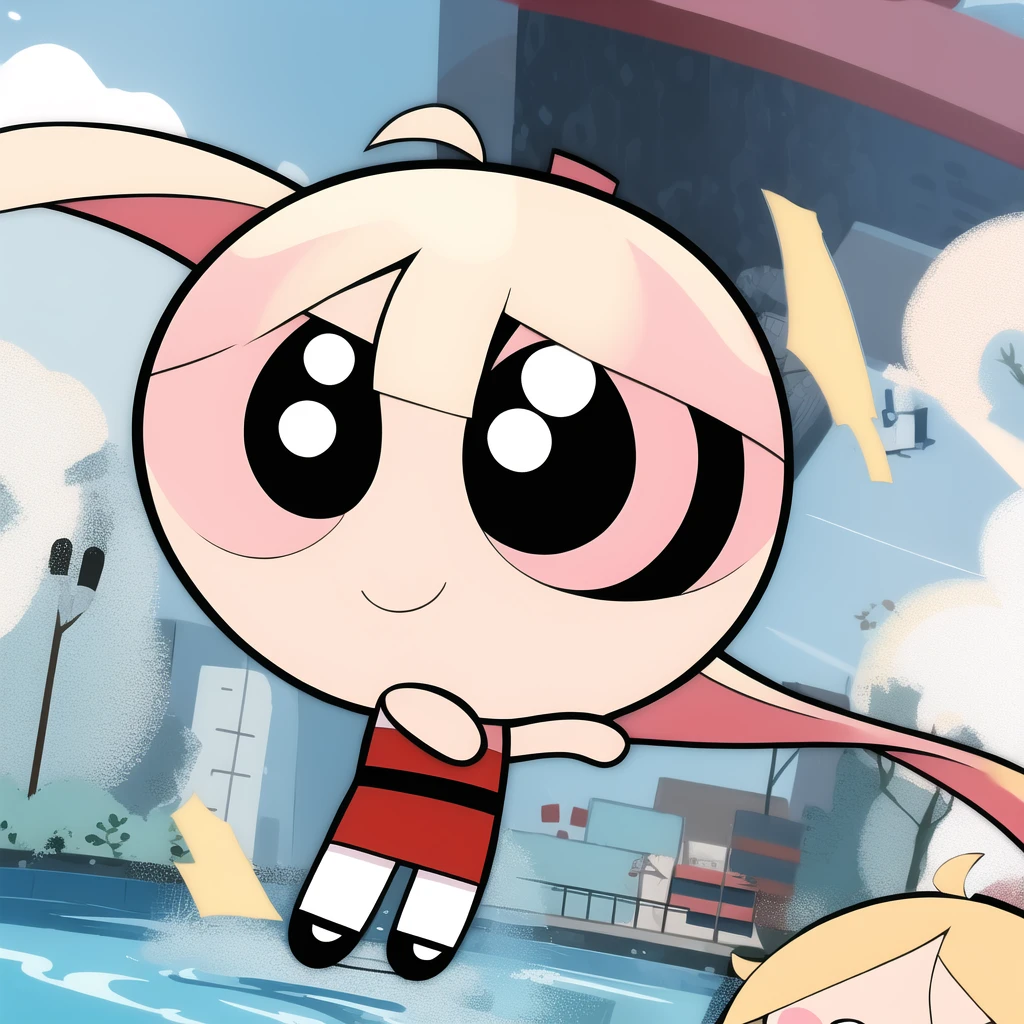 Blonde hair, floating hair, black eyes, twintails, unibrow, bow, White shirt, Pink dress, white shoes, looking on viewer, grin, sitting, spread legs, from_below, high quality, masterpiece, slim body, flat torso, Angry,