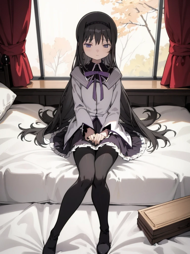 (best quality, masterpiece:1.2), ultra detailed, 1girl,  akemi homura, black hair, long hair, hair ribbon, small breasts, 
looking at viewer, simple background,
long boots, high heel, magic girl, pantyhose, 
sitting on bed, hair spread out,