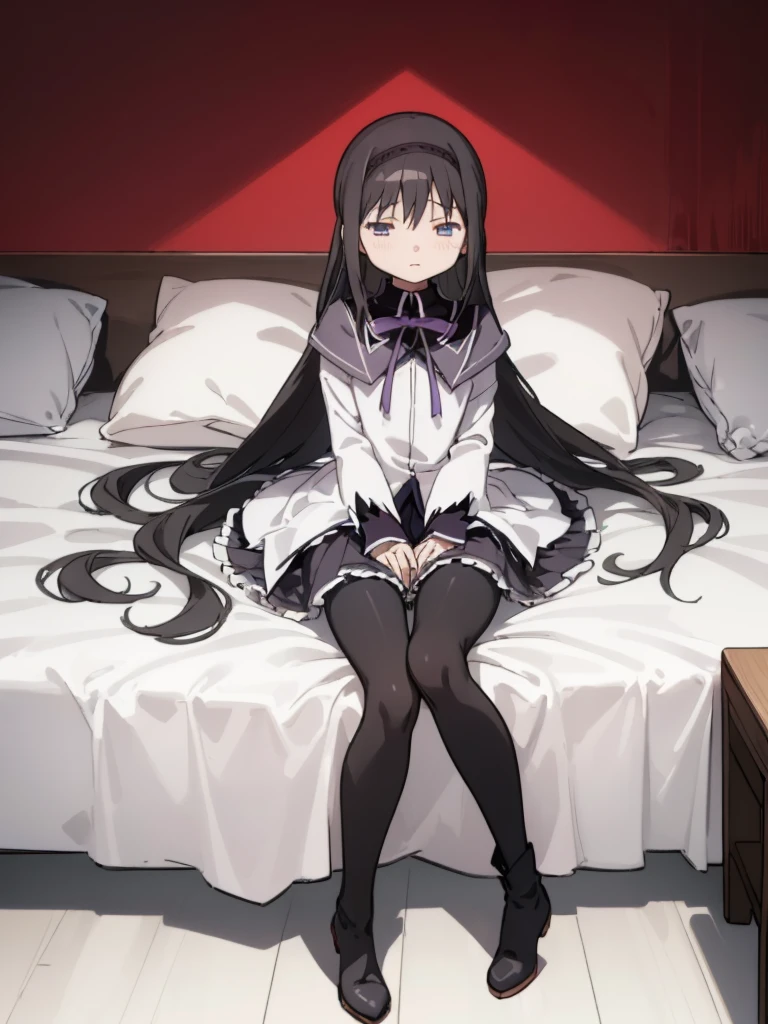 (best quality, masterpiece:1.2), ultra detailed, 1girl,  akemi homura, black hair, long hair, hair ribbon, small breasts, 
looking at viewer, simple background,
long boots, high heel, magic girl, pantyhose, 
sitting on bed, hair spread out,