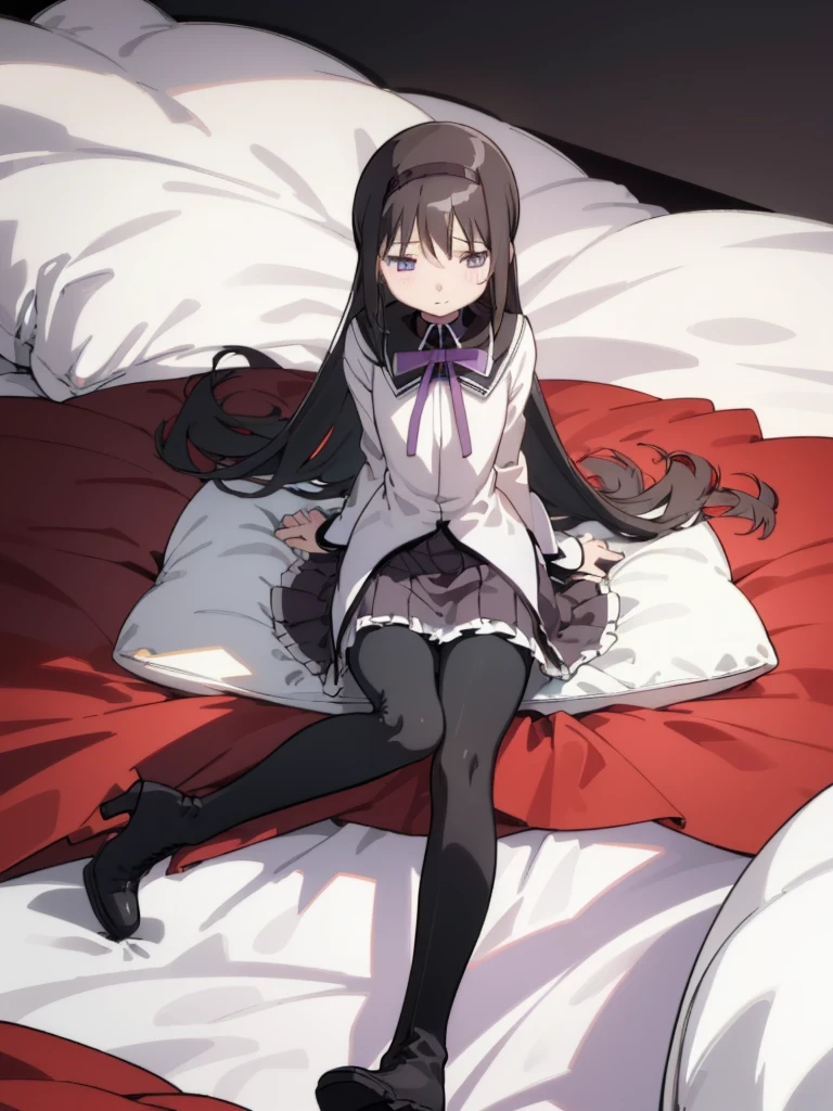 (best quality, masterpiece:1.2), ultra detailed, 1girl,  akemi homura, black hair, long hair, hair ribbon, small breasts, 
looking at viewer, simple background,
long boots, high heel, magic girl, pantyhose, 
sitting on bed, hair spread out,