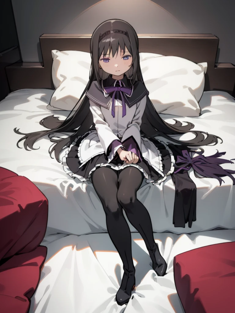 (best quality, masterpiece:1.2), ultra detailed, 1girl,  akemi homura, black hair, long hair, hair ribbon, small breasts, 
looking at viewer, simple background,
long boots, high heel, magic girl, pantyhose, 
sitting on bed, hair spread out,