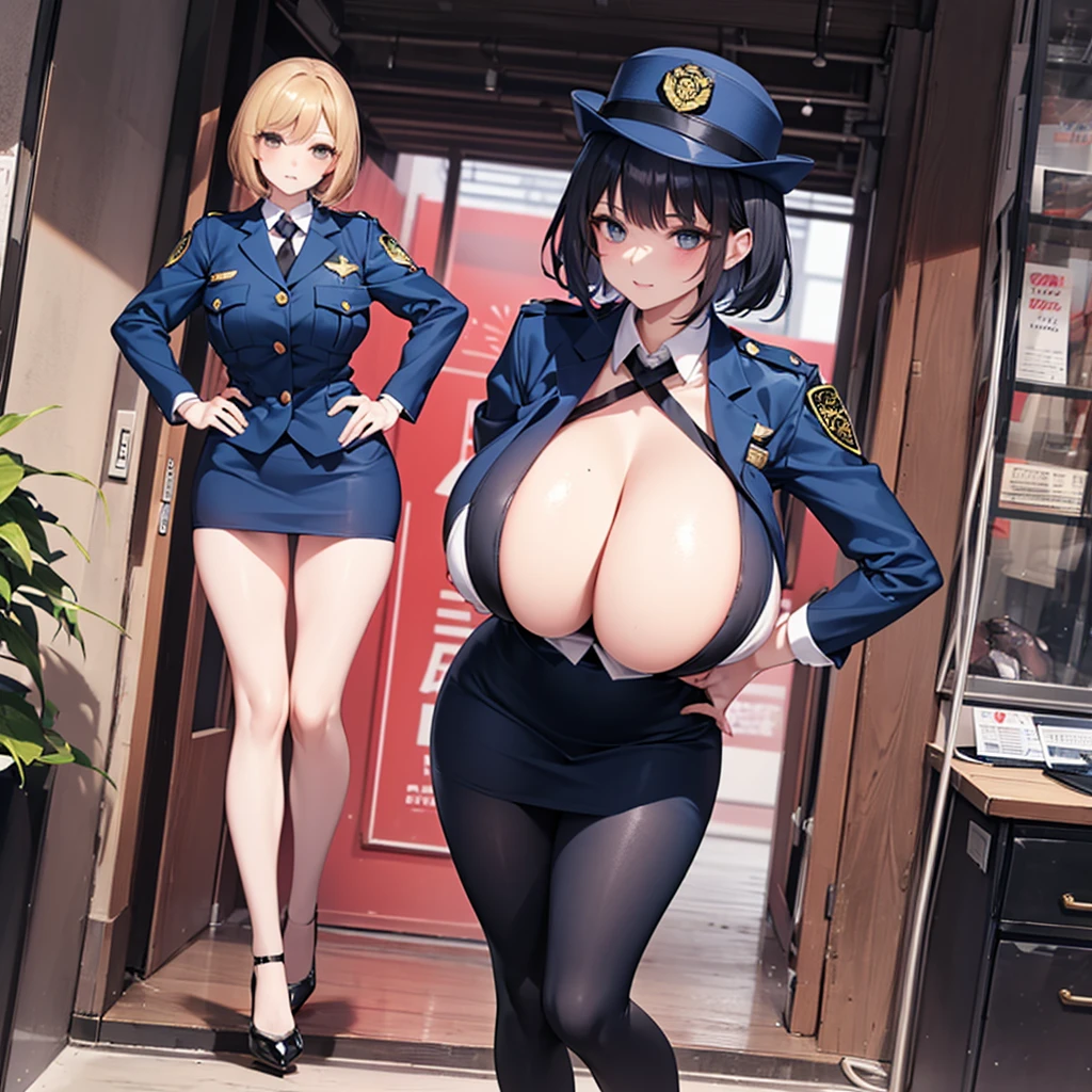 (solo:1.2), (1 policewoman), very tight nanoskirt, thigh gap, stiletto heels, narrow shoulders, (bursting disproportionately enormous massive gigantic breasts:1.2), narrow waist, (slim hip), (chubby long legs), short hair, open legs, pigeon toed, hand on hip