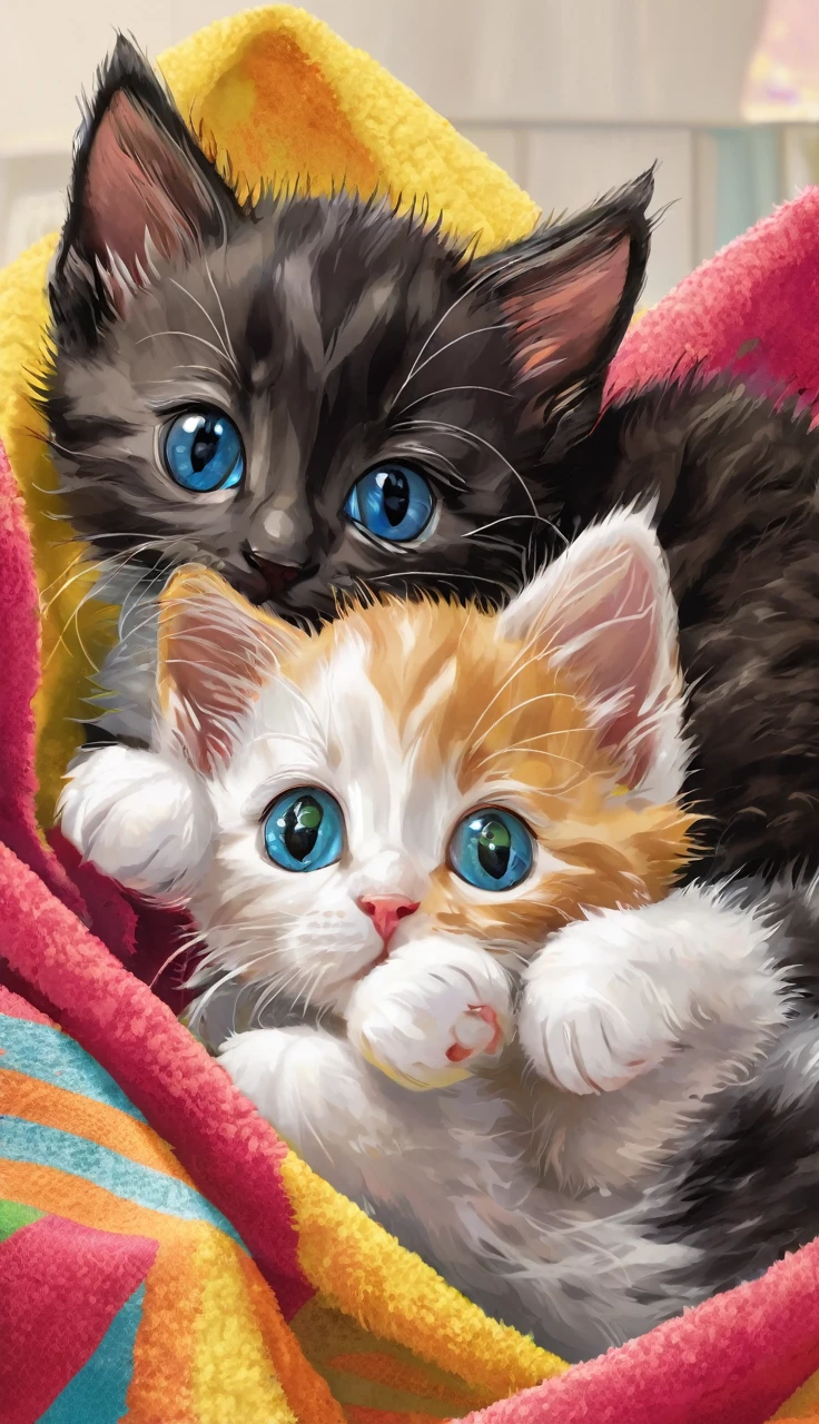 Three kittens playing wrapped around a colorful towel.