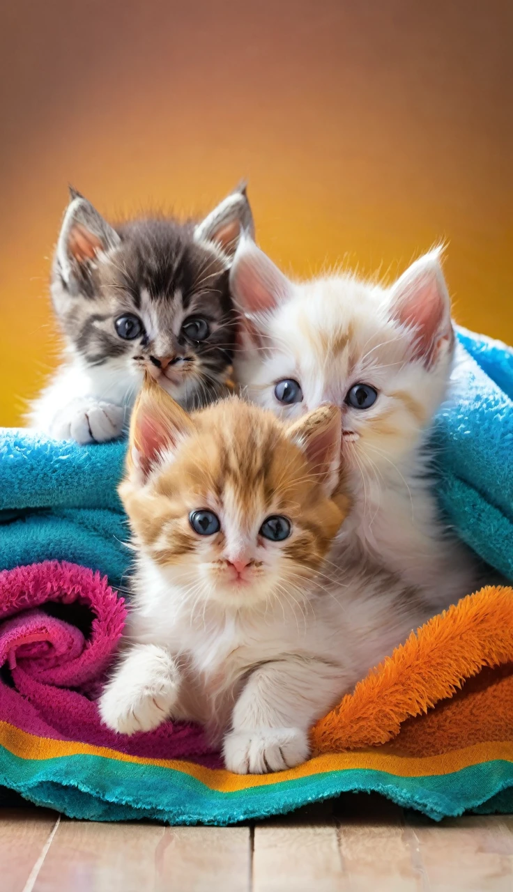 Three kittens playing wrapped around a colorful towel.