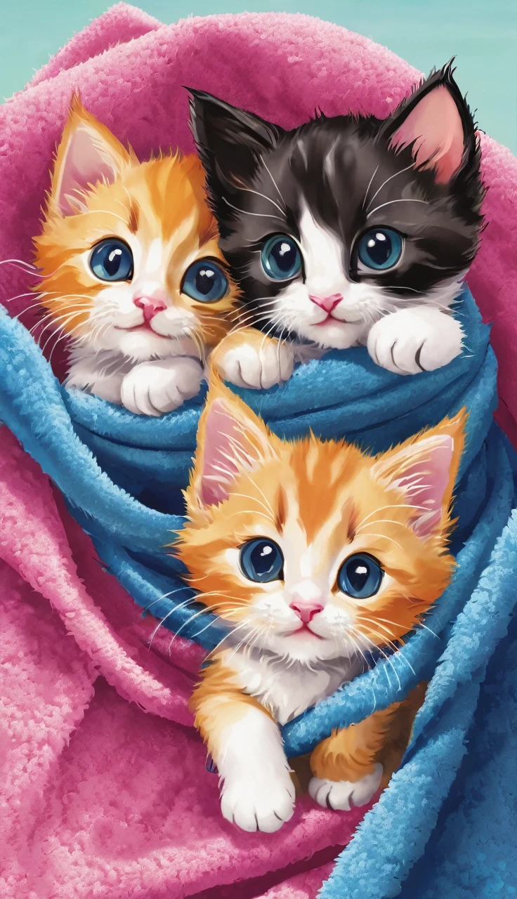 Three kittens playing wrapped around a colorful towel.