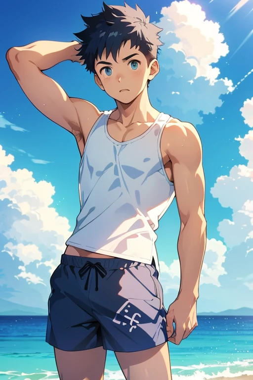 anime - along the sea, １Boy, 20-year-old, Embarrassed look, short pants, tank top, underarm hair, Short spiked Hair, Slender, Eyes Wide Open, Makoto Shinkai style, pale blue sky, pale blue sea, ultra high quality, ultra detailed, detailed face, sunset, 