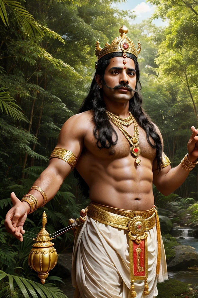 Create an image of Shri Ram Bhagwat, a divine figure in Hindu mythology, with a serene and noble expression. He should have a blue complexion, symbolizing divinity, and be adorned with a golden crown and royal attire. Shri Ram should be holding a bow and arrow, standing in a majestic pose with the backdrop of a lush forest, evoking a sense of peace and righteousness. The image should capture the essence of his valor, wisdom, and compassionate nature."
