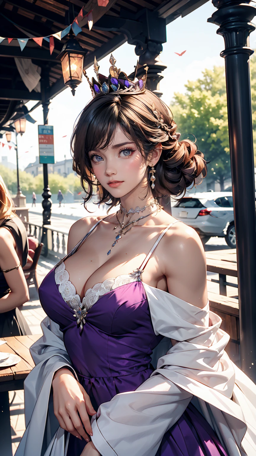 Vétheuil in Summer、Elegant black and purple queen's dress and high-neck lace blouse、French woman、White people、Silver Hair、blue eyes、Wavy hair、Smile