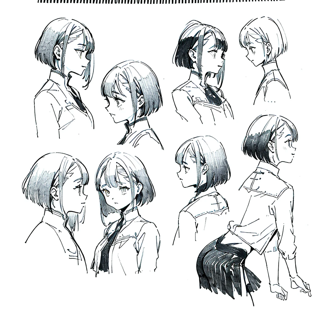 One Girl,Line art,Monochrome,sketch,Pencil drawing,Traditional Media,One Girl, skirt,Cute Teenage Girls, ,Beautiful portrait、Delicate body、Black Hair、Black Hair,landscape (Multiple Views, Multiple Angles), Side view, Front view, look up, Look down, Rear View, 20-degree head view
