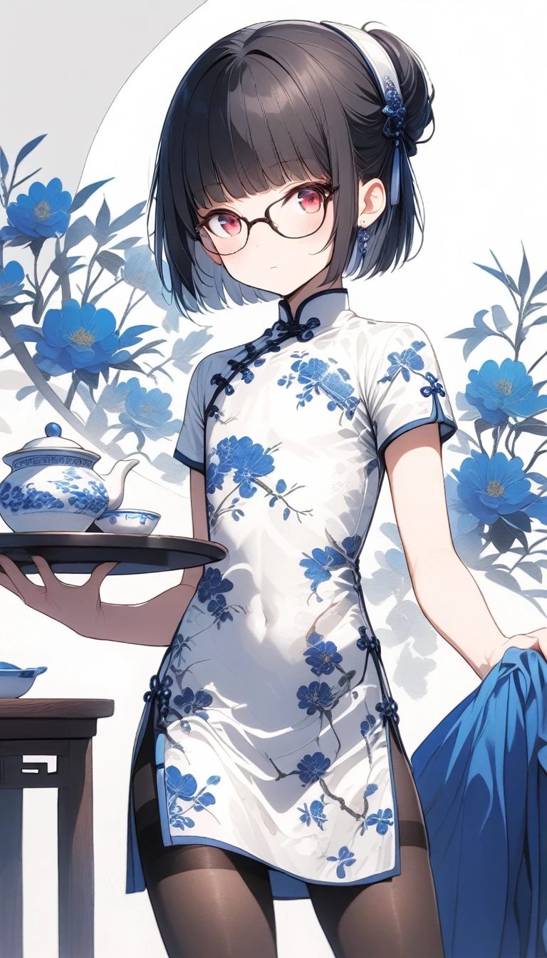 solo,1boy,black stockings, bulge,standing,holding tray,red eyes,flat chest,glasses,skirt up,black hair,pruplr hair,long bangs,short hair,bob cut,blue and white porcelain chinese-style clothing,blue and white porcelain Chinese dress,blue and white porcelain chinese qipao,blue and white porcelain print dress,headdress,pink apron,teahouse
