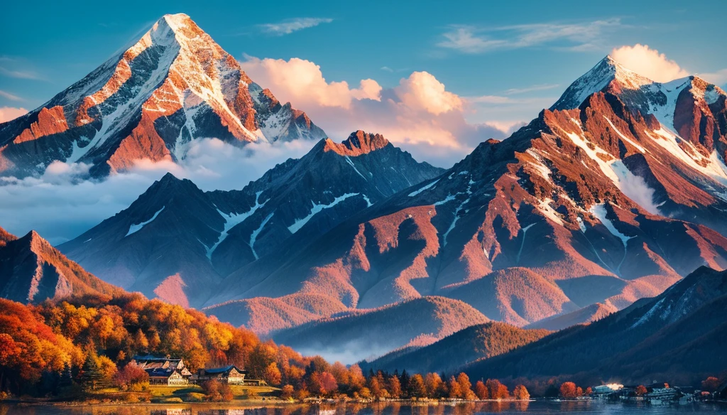(Highest quality),(masterpiece),(Super detailed),(High detail),(Very detailed) Anime scenery, (Super detailed) A surreal scenario, Distinctive Mountains. Fuji Mountain, Bright colors and dynamic elements, Reminiscent of Hokusai's works.young woman,Sit at the table,Drinking tea,(Gazing at the mountains. Fuji Mountain in the distance),The text is on the left side of the frame,Left rear 45 degree view,Turn away from the camera,(Character's head turns towards the mountain. Fuji Mountain),Small person,Spectacular Background,Emphasize the overall emotional feeling ,Best image quality,Intricate details,8k high quality wallpaper。Follow aesthetic principles。Optimal Configuration。