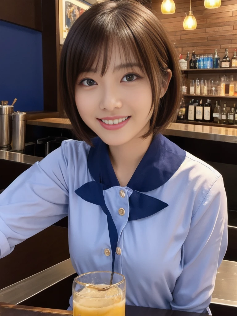 1 ultra cute japanese girl, 5 years old,short hair:1.5, part-time job at a bar, detailed face, ultra detailed eyes, incredible beautiful eyes, symmetry dropped eyes, charming eyes, No makeup, big smile, Enthusiastic belly laugh, open mouth, best quality, 4k, 8k, highres, masterpiece, ultra-detailed, realistic, photorealistic, photo-realistic, HDR, UHD, studio lighting, ultra-fine painting, sharp focus, physically-based rendering, extreme detail description, professional, vivid colors, bokeh