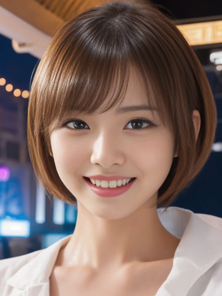 1 ultra cute japanese girl, 5 years old,short hair:1.5, part-time job at a bar, detailed face, ultra detailed eyes, incredible beautiful eyes, symmetry dropped eyes, charming eyes, No makeup, big smile, Enthusiastic belly laugh, open mouth, best quality, 4k, 8k, highres, masterpiece, ultra-detailed, realistic, photorealistic, photo-realistic, HDR, UHD, studio lighting, ultra-fine painting, sharp focus, physically-based rendering, extreme detail description, professional, vivid colors, bokeh