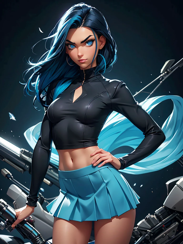 (best quality), 1girl, Female, olive skin, black hair, blue tips, blue streaked hair, medium hair, asymmetric hairstyle, swoopy hair, blue eyes, perfect eyes, smug, halterneck, pleated skirt, fishnet_legwear, slender, small bust, masterpiece, anatomically correct, highres