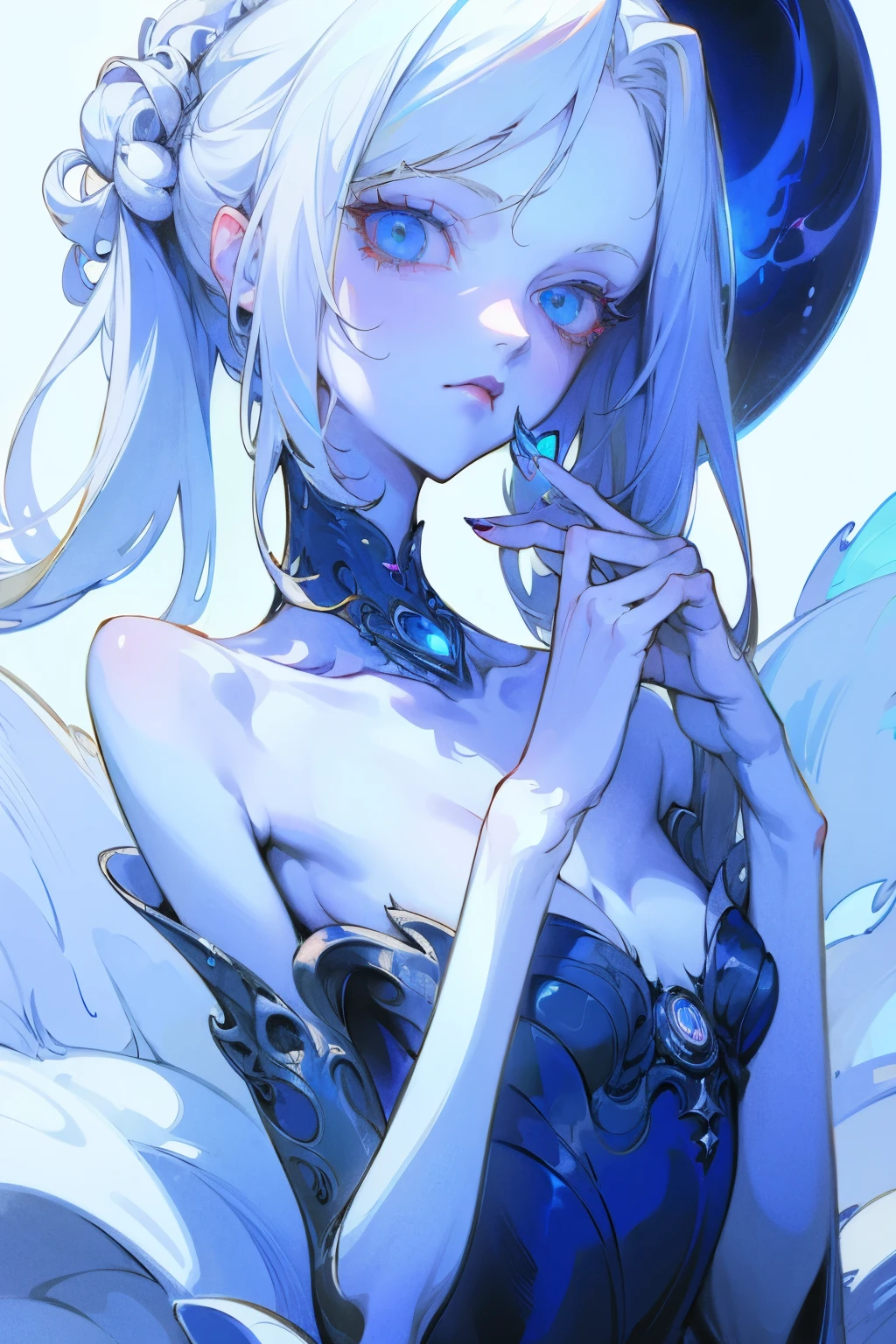 woman, detailed eyes, detailed hands, best quality, masterpiece, wearing a dress, long white hair, bright blue eyes, glowing eyes, very skinny, small bust, prominent collarbones
