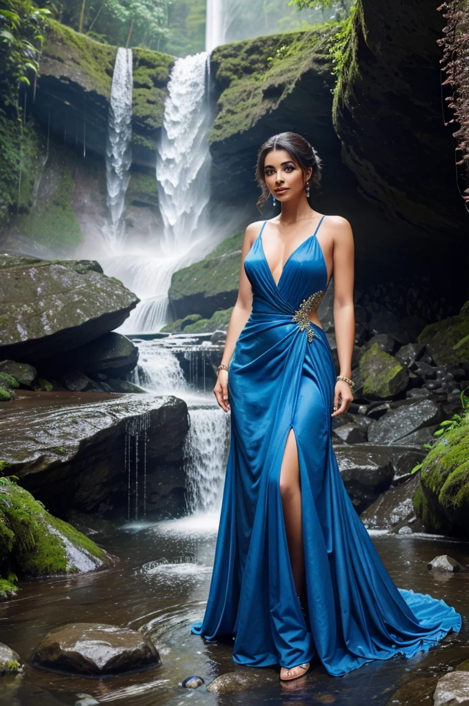 A a girl wearing beautiful blue gown in a waterfall with a beautiful hairstyle and bangles and with jewelleries standing in a waterfall