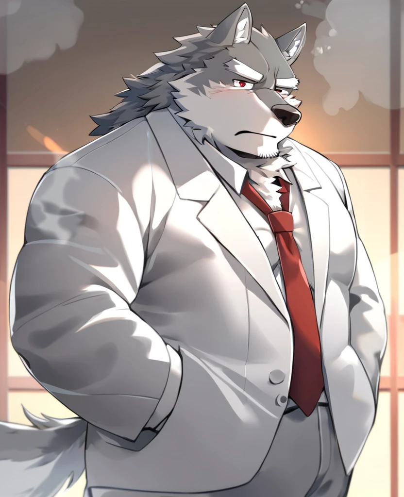 Wolf，personification，Mature male，Strong Man，Gray hair，naked，Sleepy expression，Red pupil，White eyebrows，White suit suit，Hands in pockets，The Age of Steam，office。