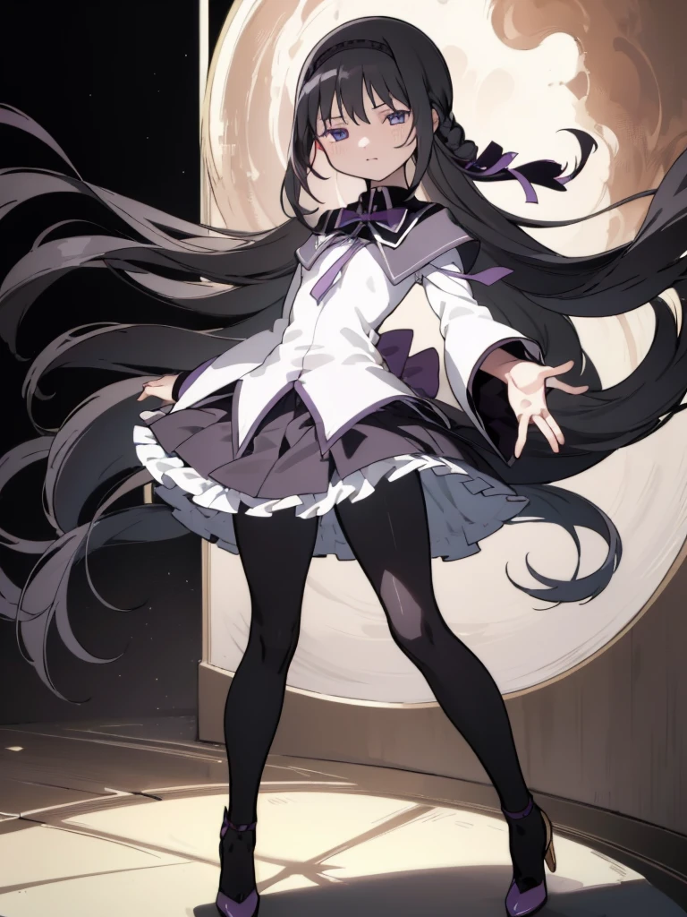 (best quality, masterpiece:1.2), ultra detailed, 1girl,  akemi homura, black hair, long hair, hair ribbon, small breasts, 
looking at viewer,  high heel, magic girl, pantyhose, standing,looking viewer