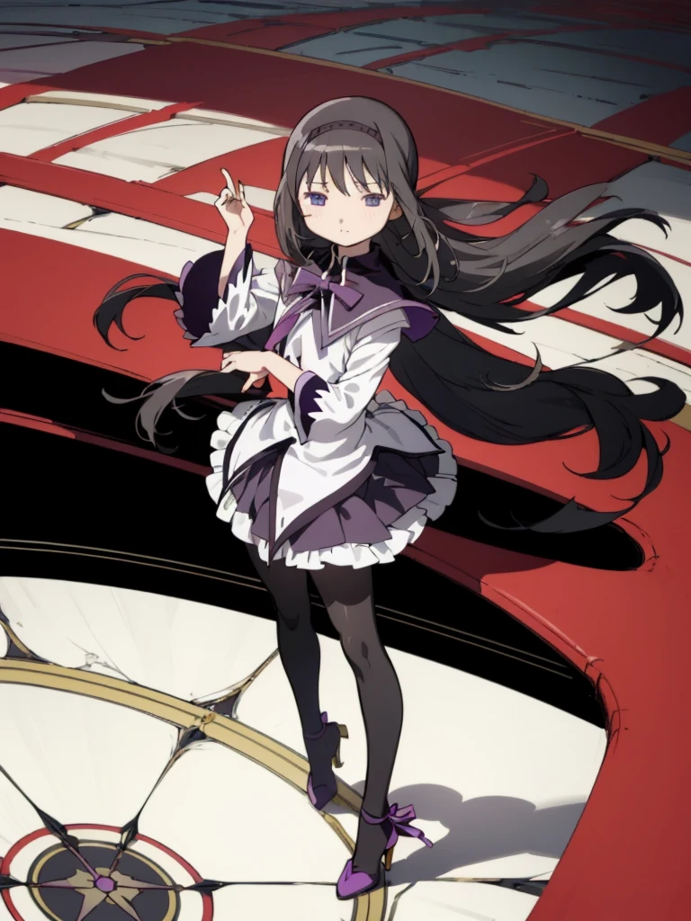 (best quality, masterpiece:1.2), ultra detailed, 1girl,  akemi homura, black hair, long hair, hair ribbon, small breasts, 
looking at viewer,  high heel, magic girl, pantyhose, standing,looking viewer