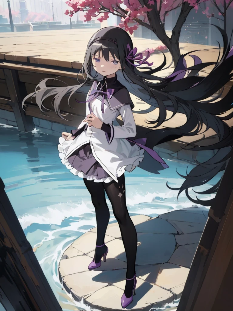 (best quality, masterpiece:1.2), ultra detailed, 1girl,  akemi homura, black hair, long hair, hair ribbon, small breasts, 
looking at viewer,  high heel, magic girl, pantyhose, standing,looking viewer