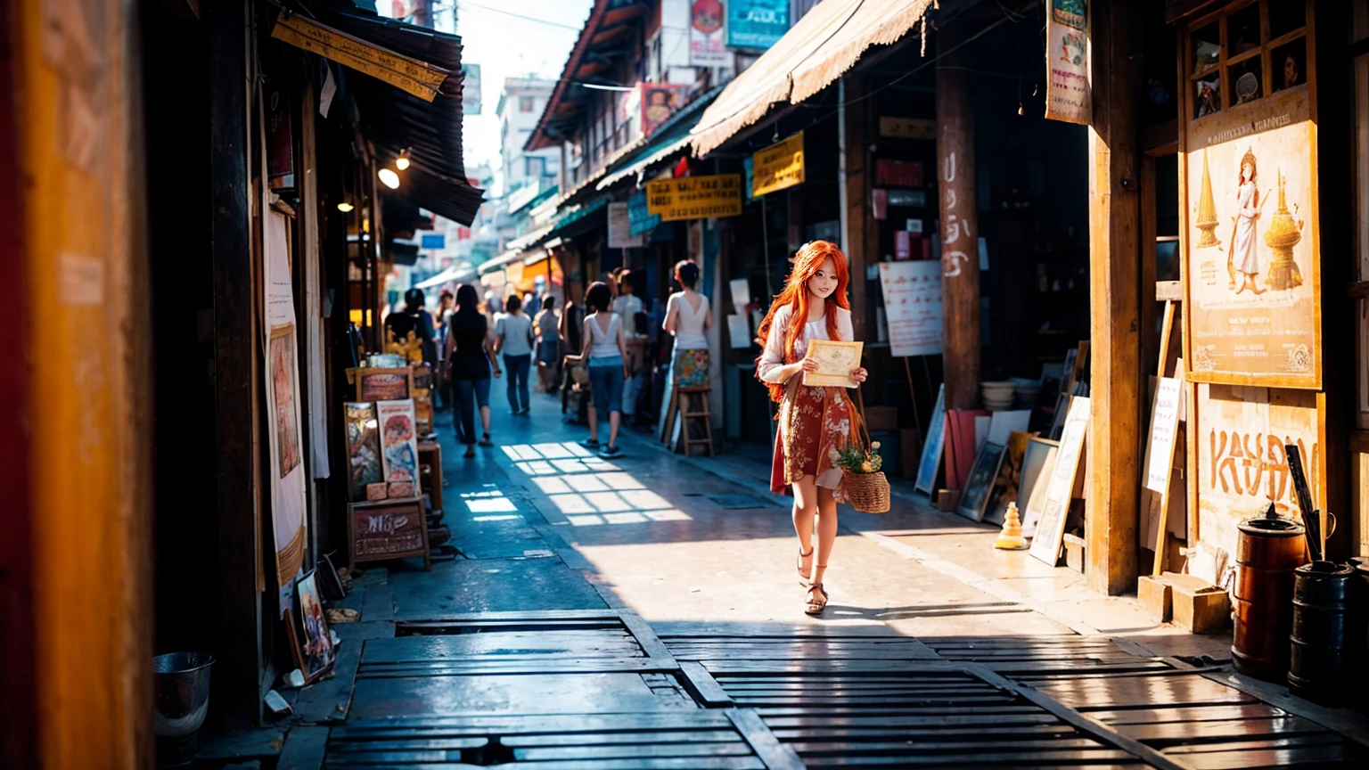 Photorealistic photo of a young redhead woman strolling through an old market in Thailand, A kind smile, art：midjorney, Luminism, The ultimate in complex shadow and light contrast, An award-winning IPA, Artistic Lens, Warm colors, art：Tim Burton