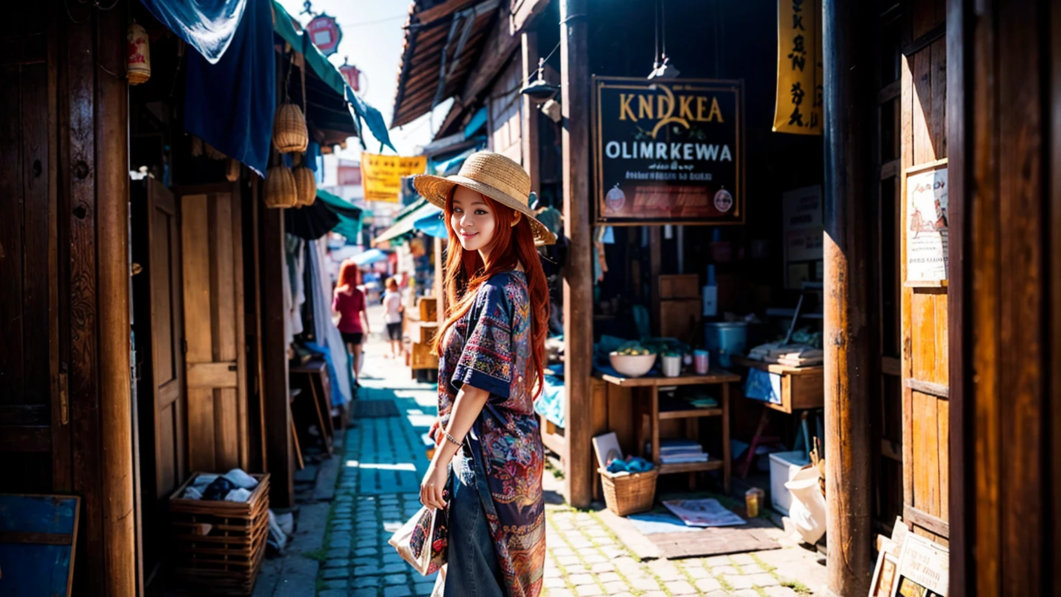 Photorealistic photo of a young redhead woman strolling through an old market in Thailand, A kind smile, art:midjorney, Luminism, The ultimate in complex shadow and light contrast, An award-winning IPA, Artistic Lens, Warm colors, art:Tim Burton