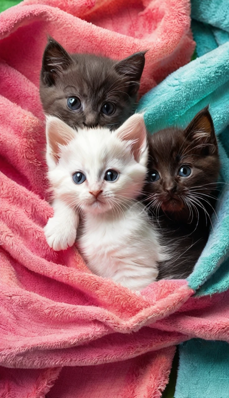 Three kittens playing wrapped around a colorful towel.