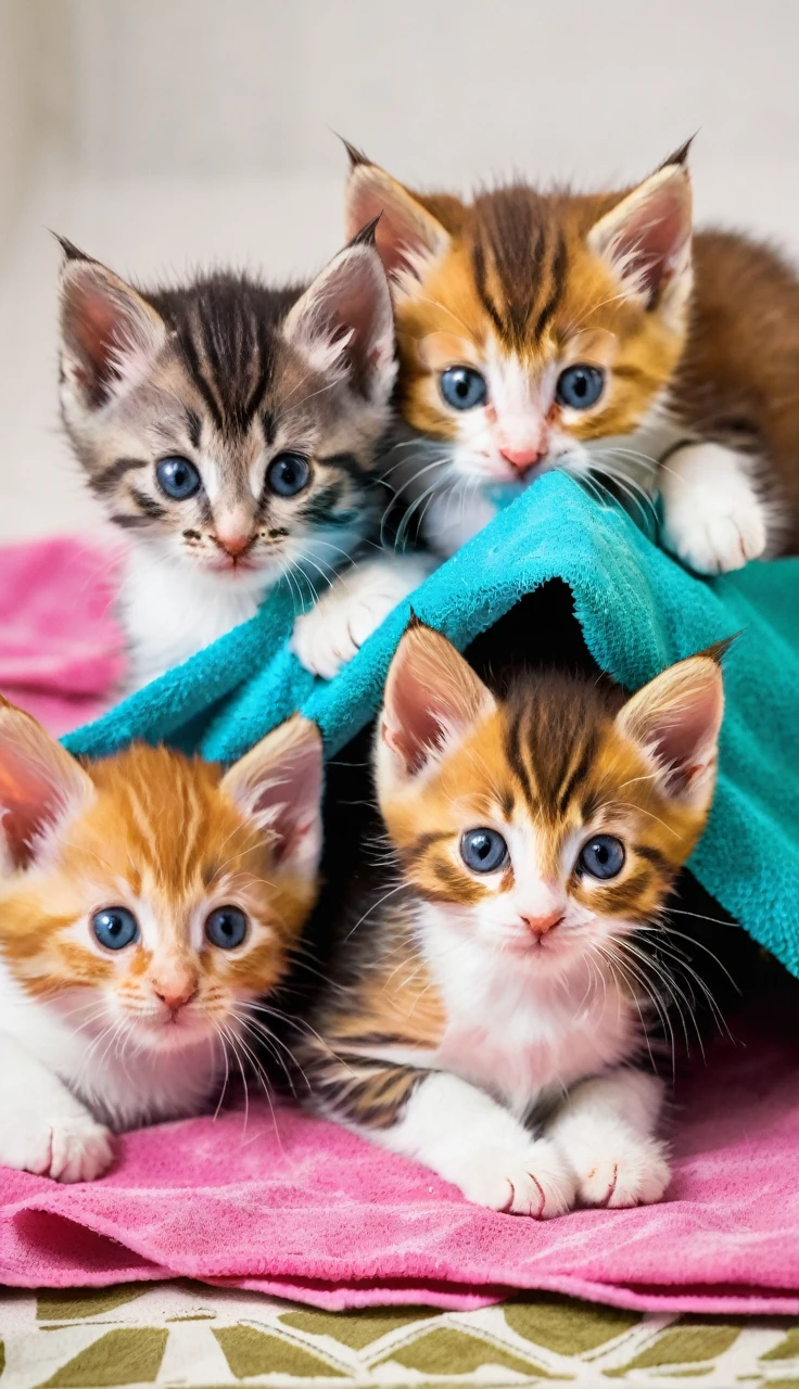 Three kittens playing wrapped around a colorful towel.