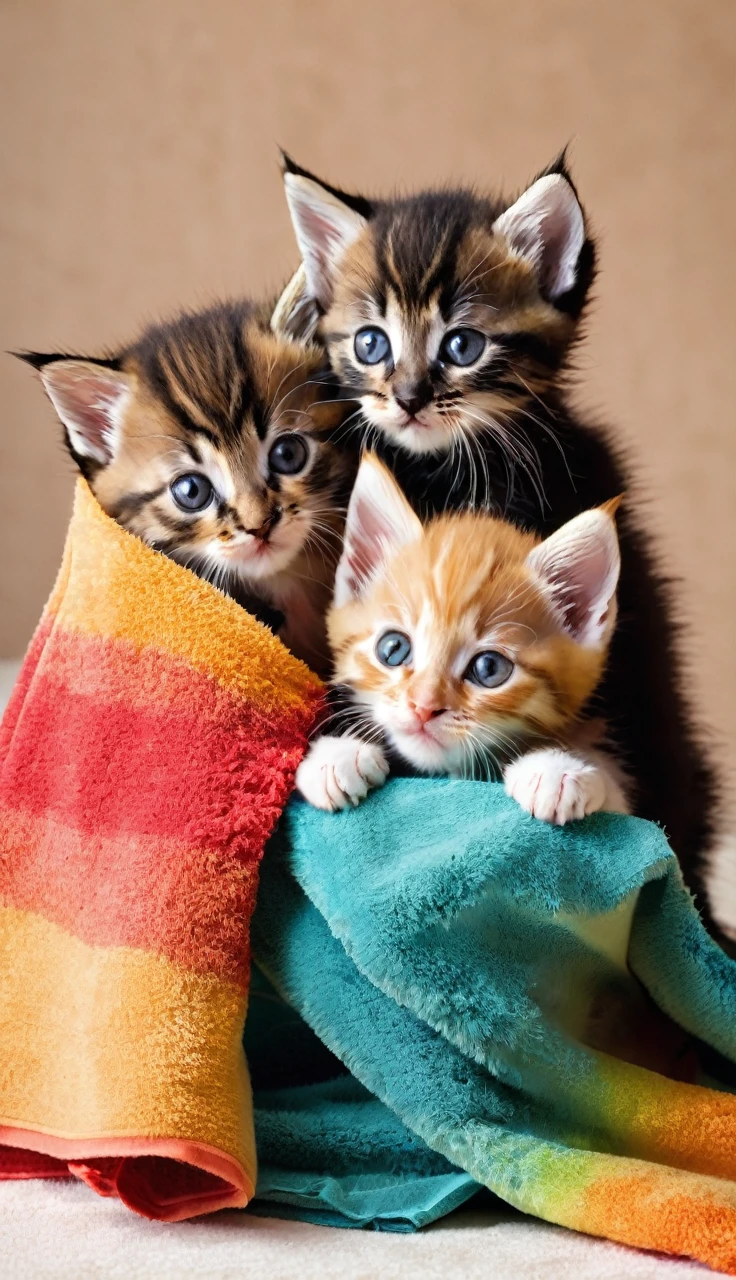 Three kittens playing wrapped around a colorful towel.