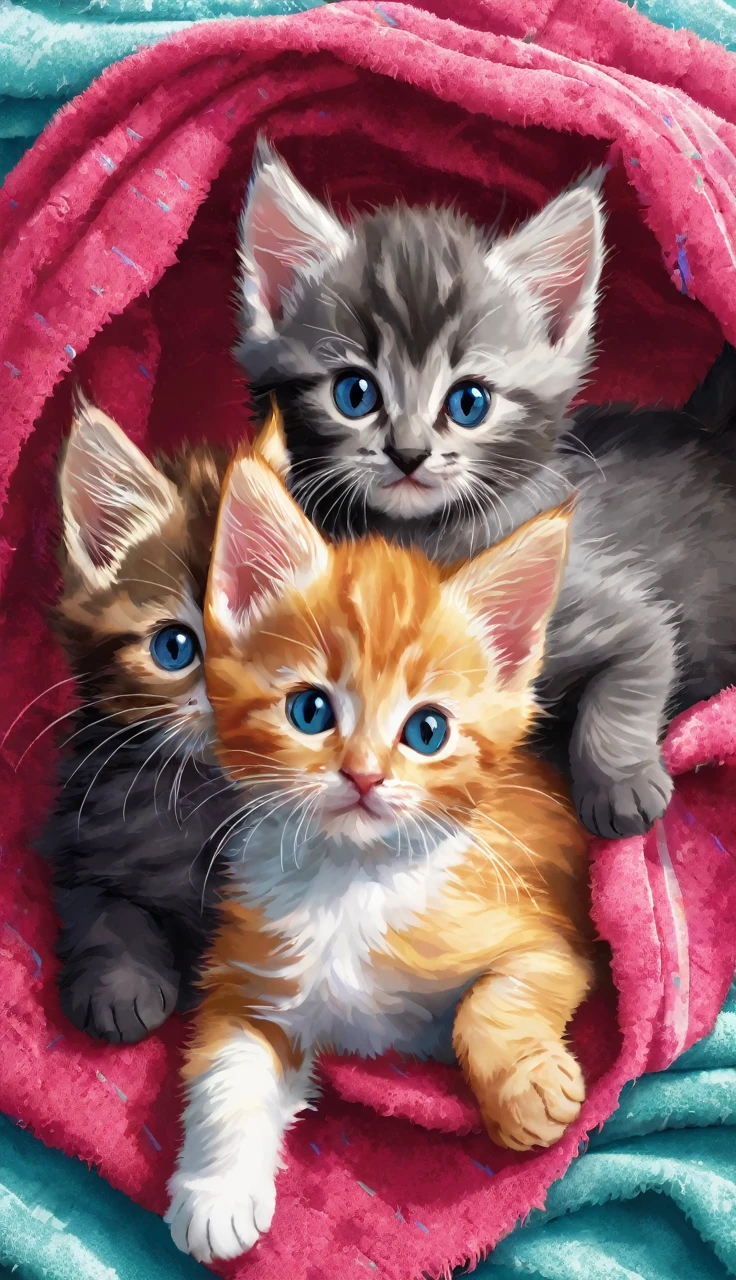 Three kittens playing wrapped around a colorful towel.