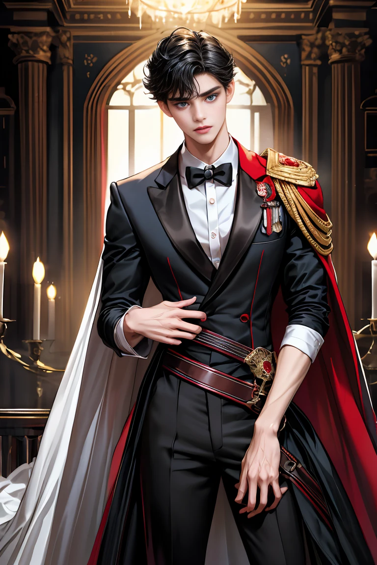 
masterpiece, 最high quality, high quality, 1 boy, alone, Male focus, Watching the audience,  Messy black hair, Adorable big blue eyes, White people, Noble, Noble,Sexy super volume and super long black and red cape、Tuxedo、A very voluminous, large, very large, very large, long, long red and black cape with a high stand-up collar, reaching down to the floor, made of a lot of fabric., 17 years old,Cute beautiful boys,Cute, cute, kind, handsome guy