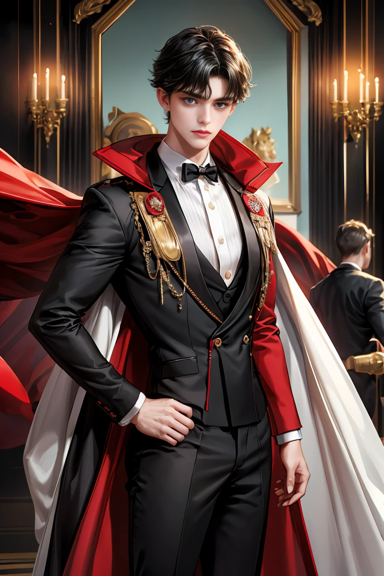 masterpiece, 最high quality, high quality, 1 boy, alone, Male focus, Watching the audience, Messy black hair, Adorable big blue eyes, White people, Noble, Noble,Sexy super volume and super long black and red cape、Tuxedo、A very voluminous, large, very large, very large, long, long red and black cape with a high stand-up collar, reaching down to the floor, made of a lot of fabric., s old,Cute beautiful boys,Cute, cute, kind, handsome guy