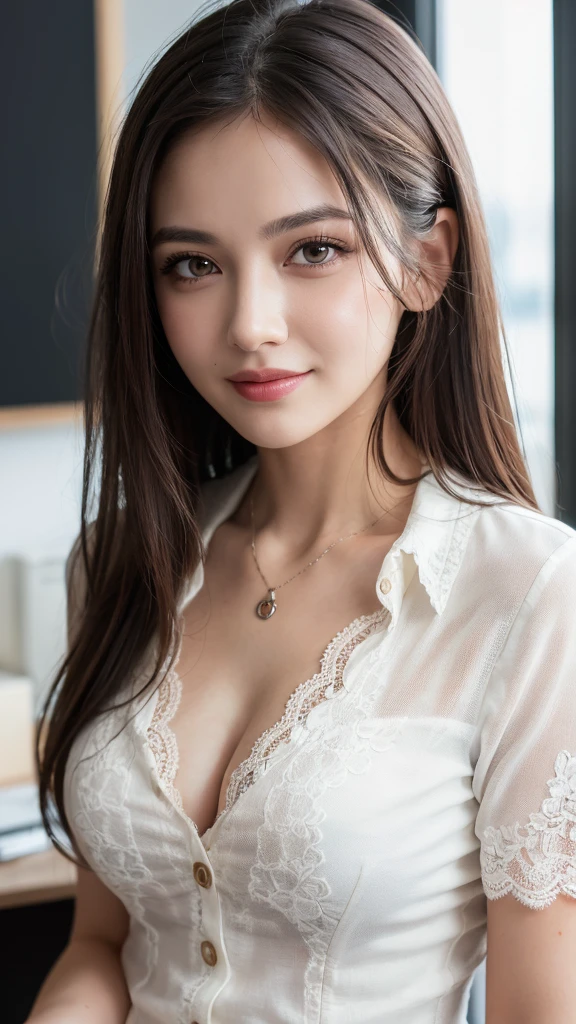 (1girl), (round eyes:1.2), (highly detailed face and eyes), smile, Amazing face and eyes, (lace shirt:1.3), cleavage, (Best Quality:1.4), (Ultra-detailed), (extremely detailed CG unified 8k wallpaper), Highly detailed, High-definition raw color photos, Professional Photography, Realistic portrait, Amazing face and eyes, indoors, office, (office lady, casual:1.3), (A moment of relaxation), model, depth of fields, (fine face:1.2),