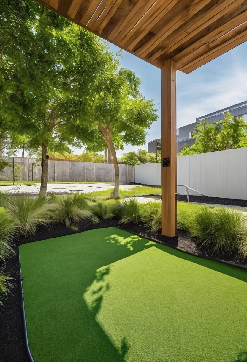 Create a view of small public rectangular lot playground. Small grass flooring and long playground. Long view