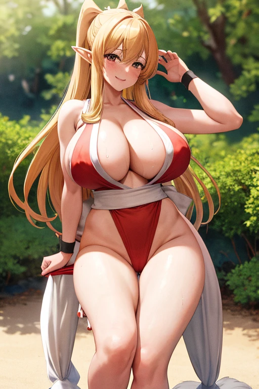 masterpiece, best quality, beautiful art, high resolution, well formed hands, body and fingers, 1 woman, solo, Tiffania Westwood , elf ears, grown up,  cosplaying as Mai Shiranui , mai_shiranui_cosplay, adult, large and round breasted, cleavage full body,  hair ribbon, gorgeous legs and, thighs, sexy Japanese clothes, hair ornament , sexy legs , hips and thighs, doing exercise, warming up, working out, sexy and captivating training, smiling joyfully and happily , looking at the viewer, panties peek, sweating , bouncing breasts, t back thong, training montage session, beach environment   