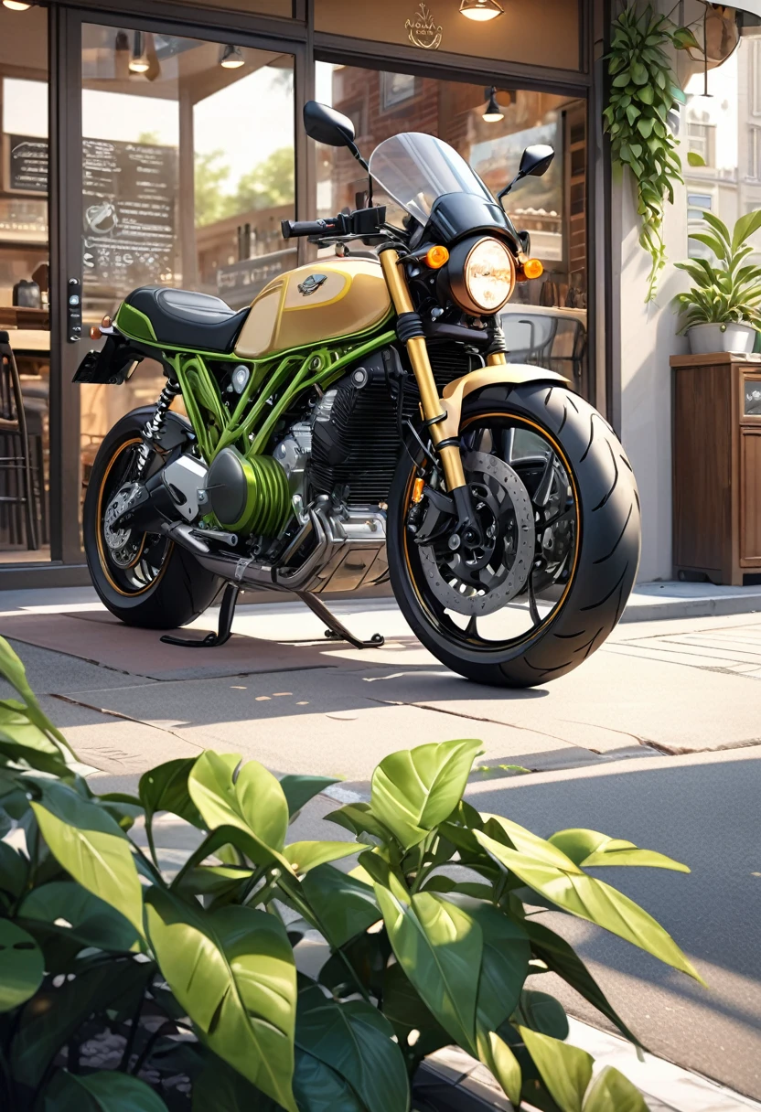 ( perfect anatomy )masterpiece, Beautiful detailed fresh and elegant aesthetic style airbrush digital oil painting beautiful artwork to create a fresh morning coffee shop scene photo,an electric motorcycle(Novel style,Unique)Closeup motorcycle( perfect anatomy ) Parked elegantly on the street next to the coffee shop.Coffee shop scene green plant masterpiece, Highly detailed, photo-realistic original photos, The best film quality, extremely delicate texture, high-quality works of art masters