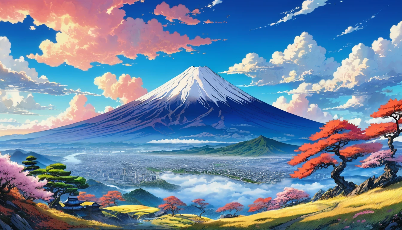 (Highest quality),(masterpiece),(Super detailed),(High detail),(Very detailed) Anime scenery, (Super detailed) A surreal scenario, Distinctive Mountains. Fuji Mountain, Bright colors and dynamic elements, Reminiscent of Hokusai's works.young woman,Sit at the table,Drinking tea,(Gazing at the mountains. Fuji Mountain in the distance),The text is on the left side of the frame,Left rear 45 degree view,Turn away from the camera,(Character's head turns towards the mountain. Fuji Mountain),Small person,Spectacular Background,Emphasize the overall emotional feeling ,Best image quality,Intricate details,8k high quality wallpaper。Follow aesthetic principles。Optimal Configuration。