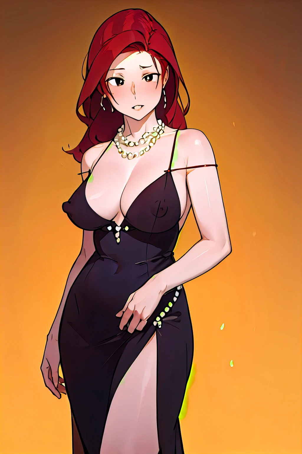 (masterpiece, best quality:1.2), ntrman, 1girl, breasts, cleavage, black dress, nipples, long hair, spaghetti straps, slit, red hair, dark eyes, parted lips, pearl necklace