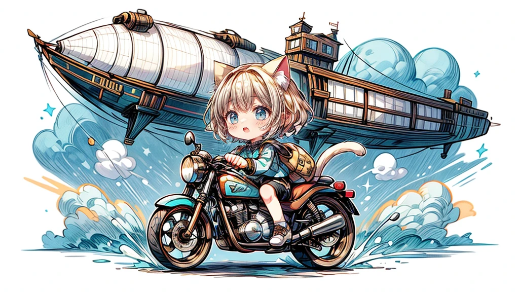 steampunk、Chibi character riding a motorcycle、Dynamic pose、look up、short hair、Cat ear、Flying Airship, Full of air,One girl、Big smile、Blonde Hair、Short Hair、Inner curls、紺色のTracksuits_White line from shoulder to wrist、Black shorts、Black sneakers_No socks、Tracksuits、Turquoise Eyes