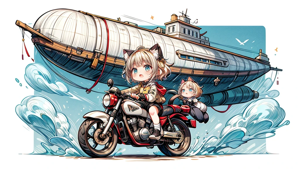 steampunk、Chibi character riding a motorcycle、Dynamic pose、look up、short hair、Cat ear、Flying Airship, Full of air,One girl、Big smile、Blonde Hair、Short Hair、Inner curls、紺色のTracksuits_White line from shoulder to wrist、Black shorts、Black sneakers_No socks、Tracksuits、Turquoise Eyes