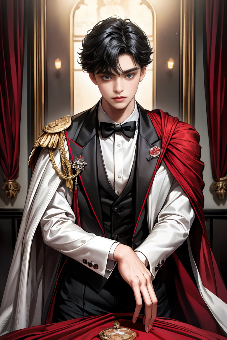 masterpiece, 最high quality, high quality, 1 boy, alone, Male focus, Watching the audience, Messy black hair, Adorable big blue eyes, White people, Noble, Noble,Sexy voluminous black and red cape、Tuxedo、A very voluminous, large, very large, very large, long, long red and black cape with a high stand-up collar, reaching down to the floor, made of a lot of fabric., 17 years old,Cute beautiful boys,Cute, cute, kind, handsome guy