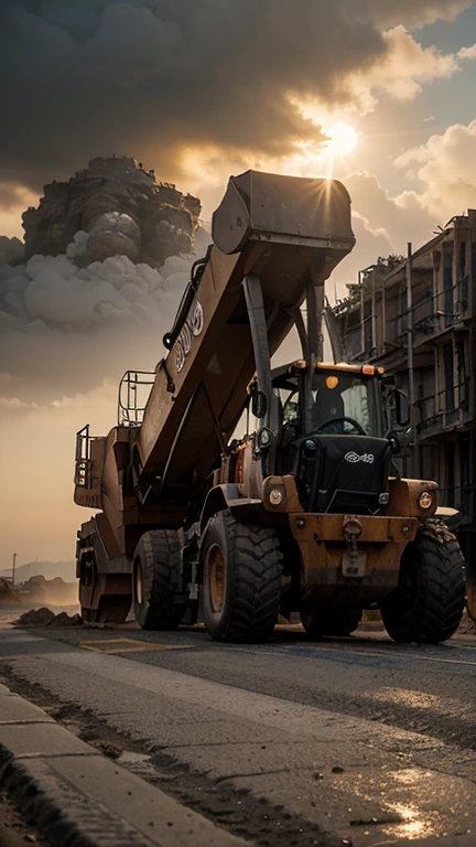 raw, orange lonking wheel loader LG 833, construction site, landmark building, epic, absurdres, cinematic, dynamic view angle, volumetric lights, mist, cinematic, dramatic angle, dutch angle, quarry, dust, volumetric lights, wet road after rain, mist, sunset, sun low on horizon, clouds